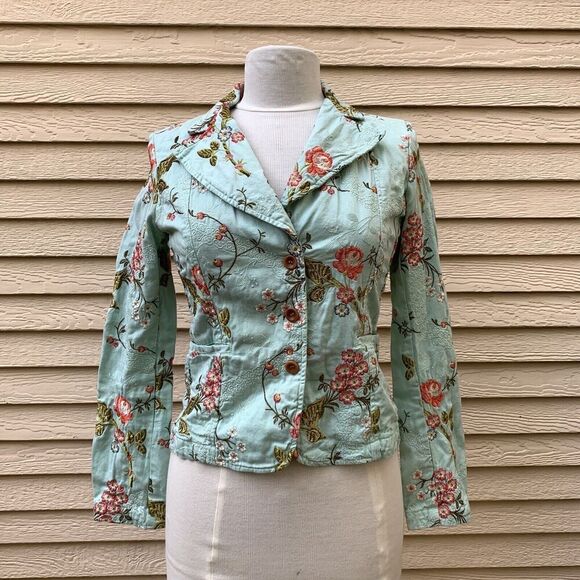 Johnny Was Jackets & Blazers - Johnny Was Embroidered Floral Blazer Size XS Teal Blue Cotton Turquoise Blossoms